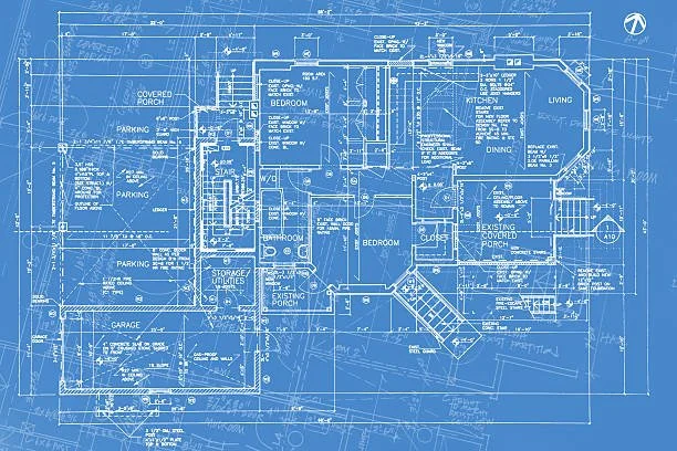 Blueprint of a house floor plan showing rooms such as bedrooms, kitchen, living room, garage, parking areas, porches, and staircases.
