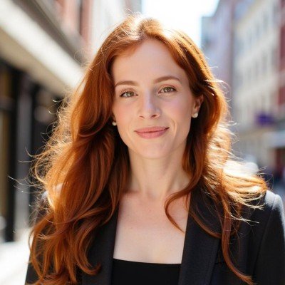 A woman with long red hair smiling on a city street.