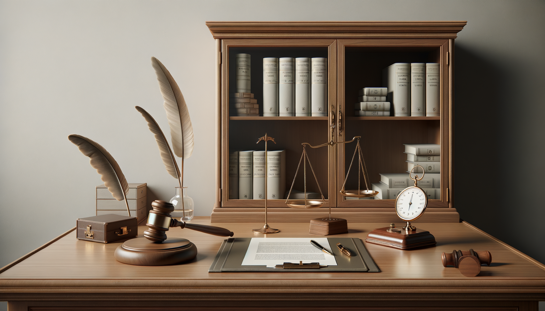 A wooden desk with legal items including a gavel, a scale of justice, a legal document, a pen, and a clock. Behind is a wooden cabinet filled with law books, and to the left are decorative feathers in a glass vase.