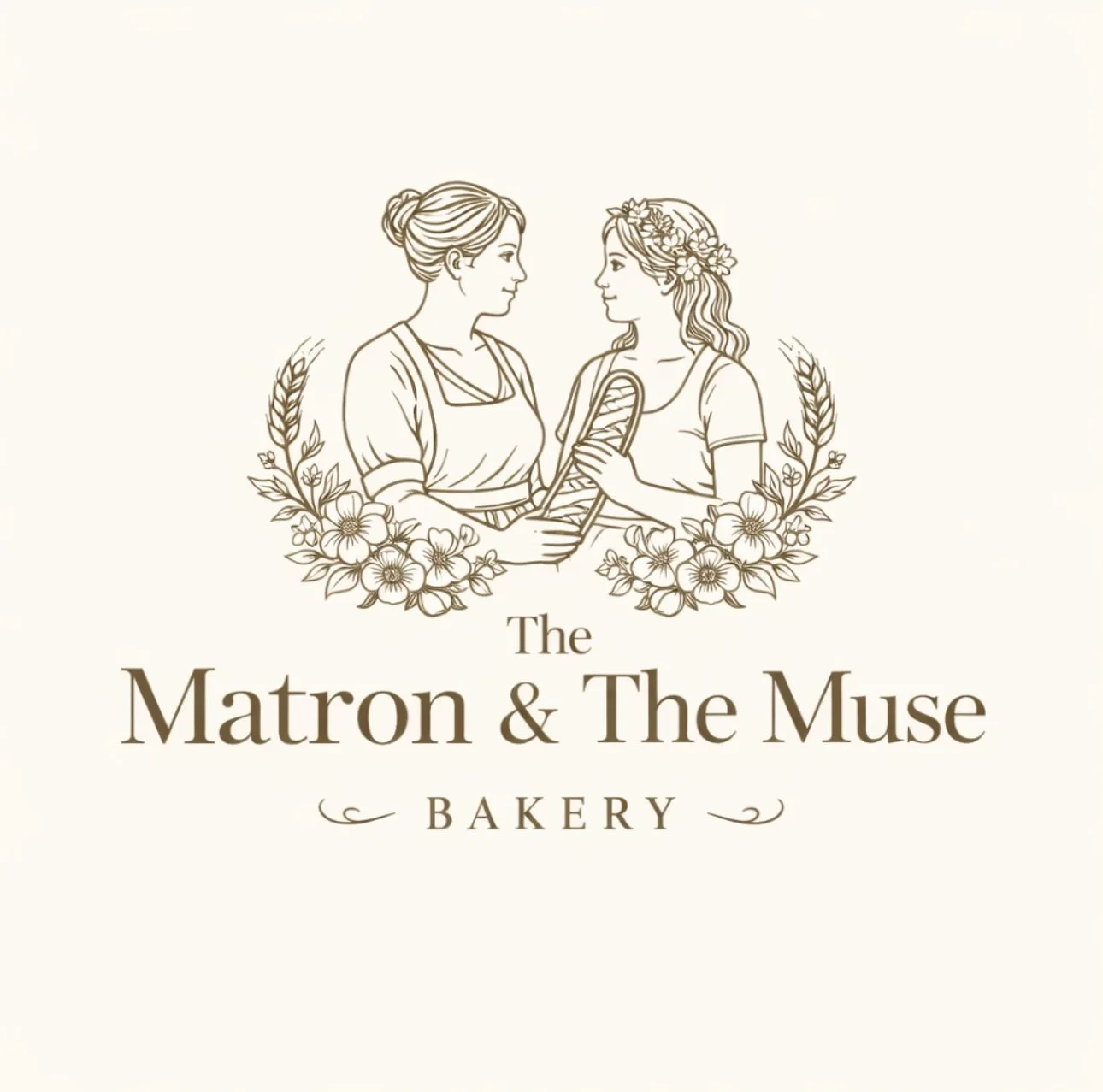 The matron and muse logo; an older woman sharing bread with a younger woman.