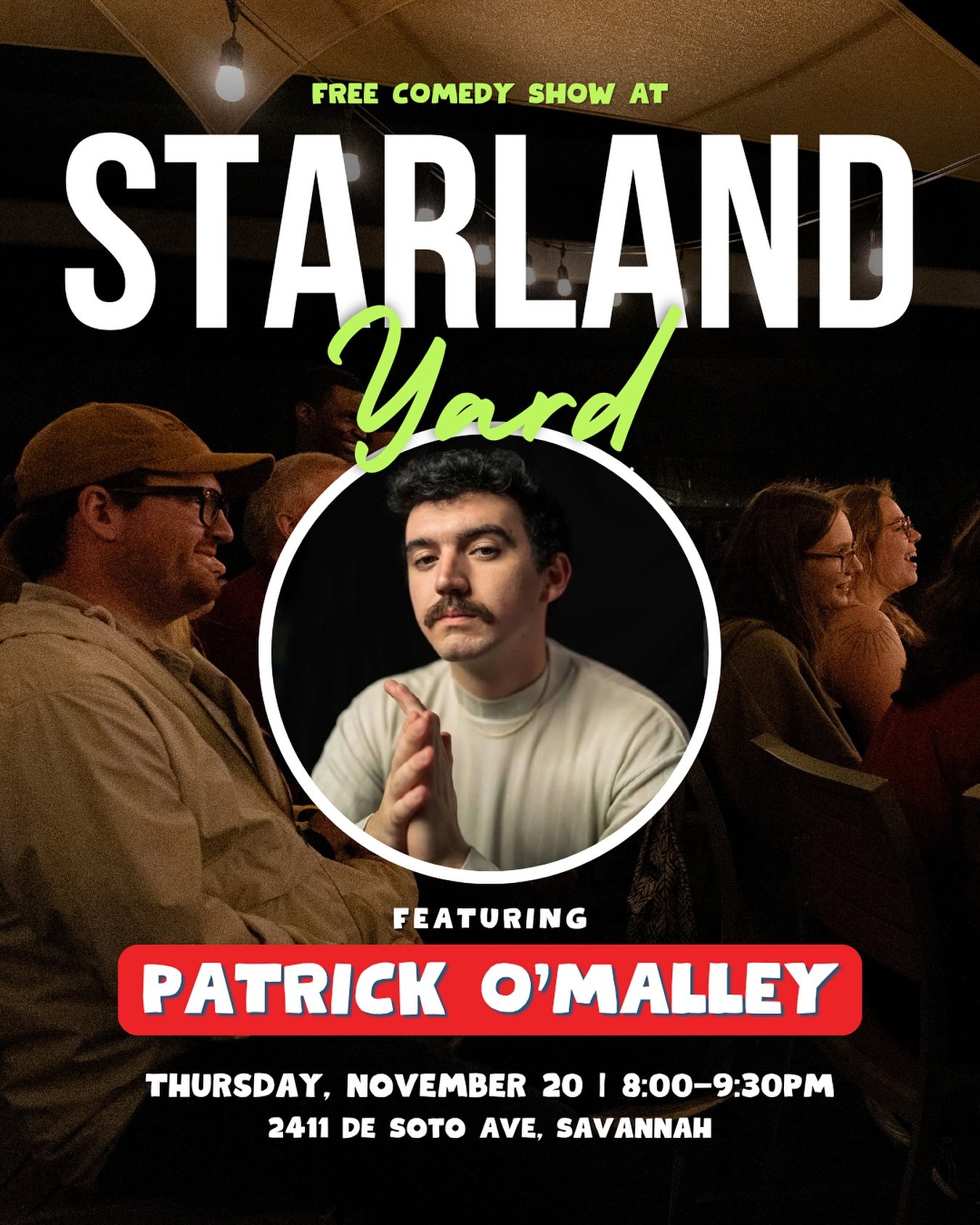 The weather&rsquo;s cooling down, but our free comedy show at Starland Yard is heating up 🔥🔥 Patrick O&rsquo;Malley is in from ATL to headline this Thursday &mdash; don&rsquo;t miss it!