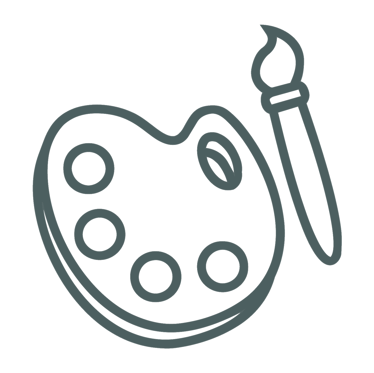 Outline of painter's palette with six circular paint wells and a paintbrush.