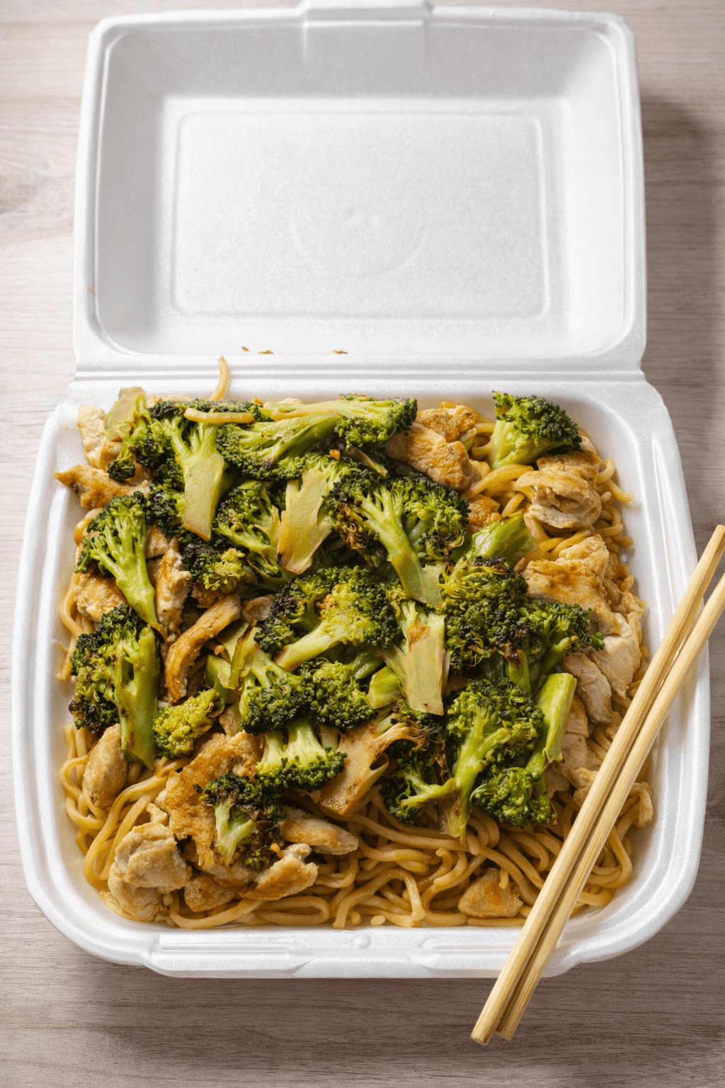 Takeout container with stir-fried noodles, broccoli, and chicken, accompanied by wooden chopsticks