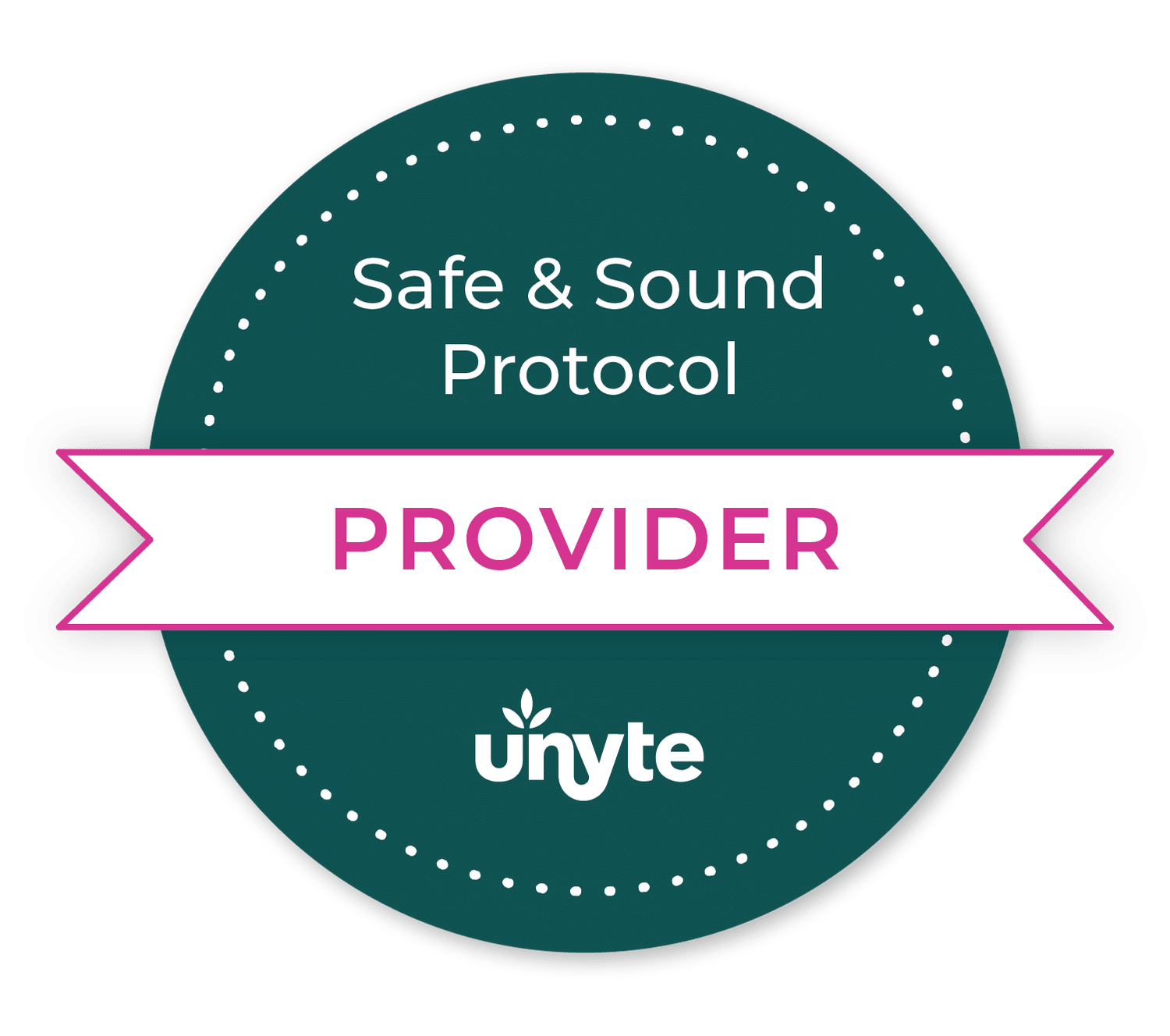 A circular badge with a dark teal background and a pink and white banner across the center. The badge reads 'Safe & Sound Protocol' at the top, 'PROVIDER' in the middle, and 'ünye' at the bottom.