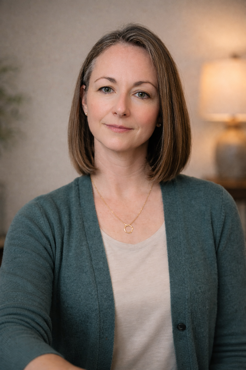 A woman with shoulder-length brown hair and light skin, wearing a light-colored top, a dark green cardigan, and a gold necklace, smiling and looking at the camera in a cozy indoor setting.