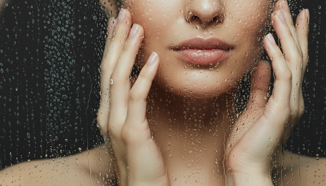 Woman with glowing skin behind frosted glass