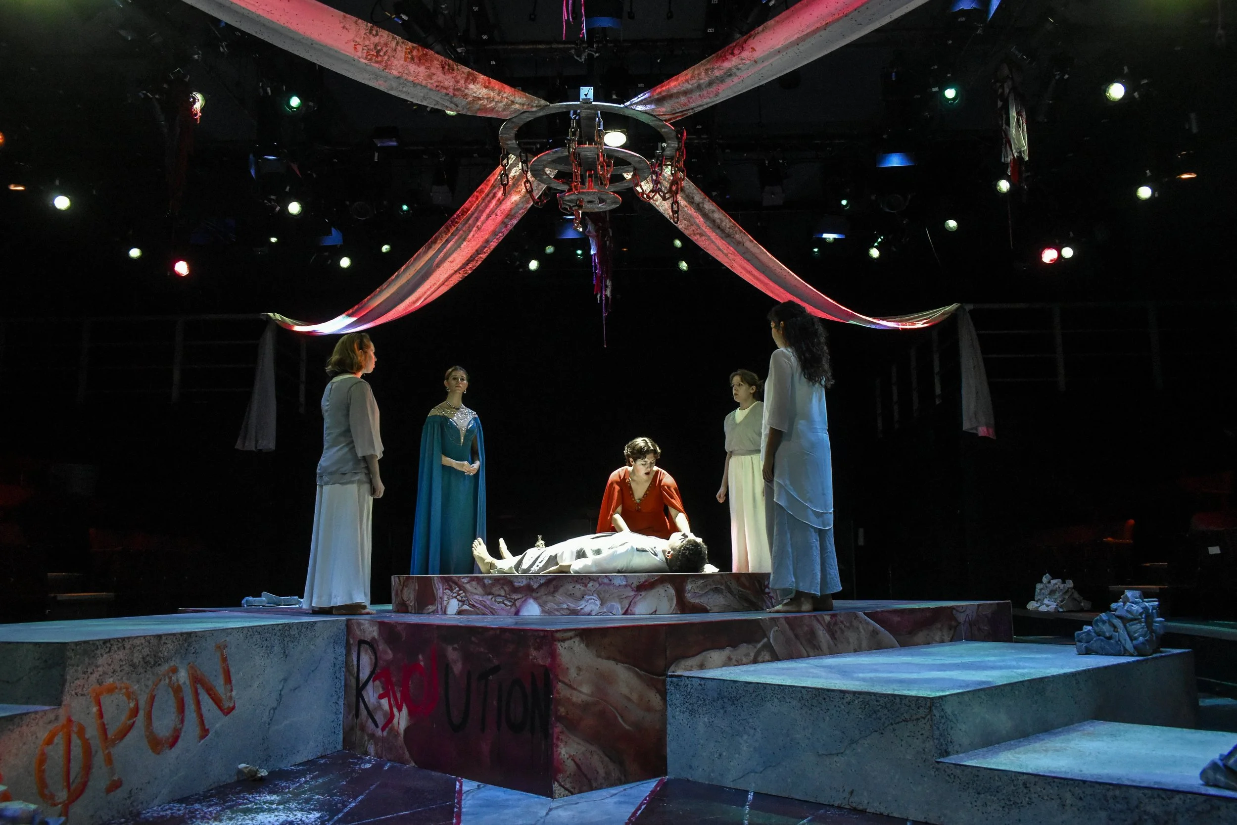 Nov. 14, 2025 - Antigone opens! I engage with the audience right away through an opening-night reception speech, as well as with my dramaturgy note in the program, and an interactive digital slideshow to contextualize the show's background and histor