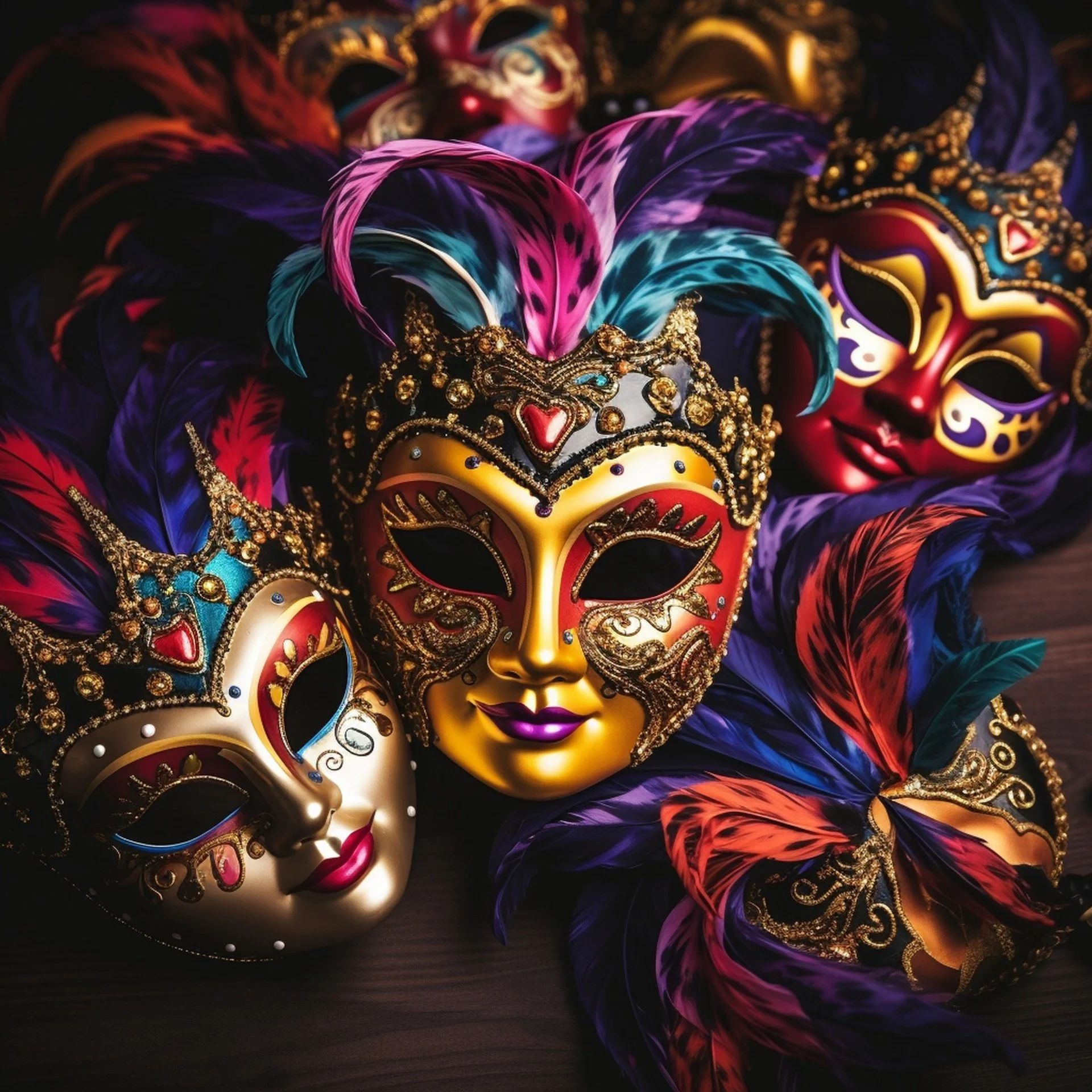 Three colorful Venetian-style masks decorated with feathers and gold embellishments.