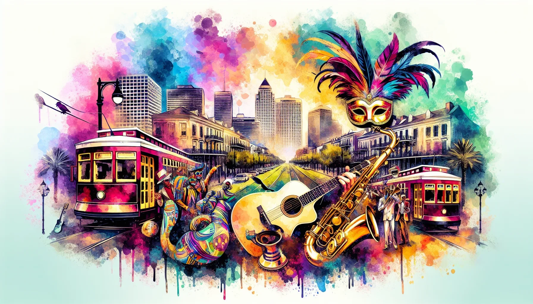 A colorful digital painting of a cityscape with two vintage streetcars, musicians playing instruments, a Mardi Gras mask with feathers, and vibrant watercolor splashes in the background.
