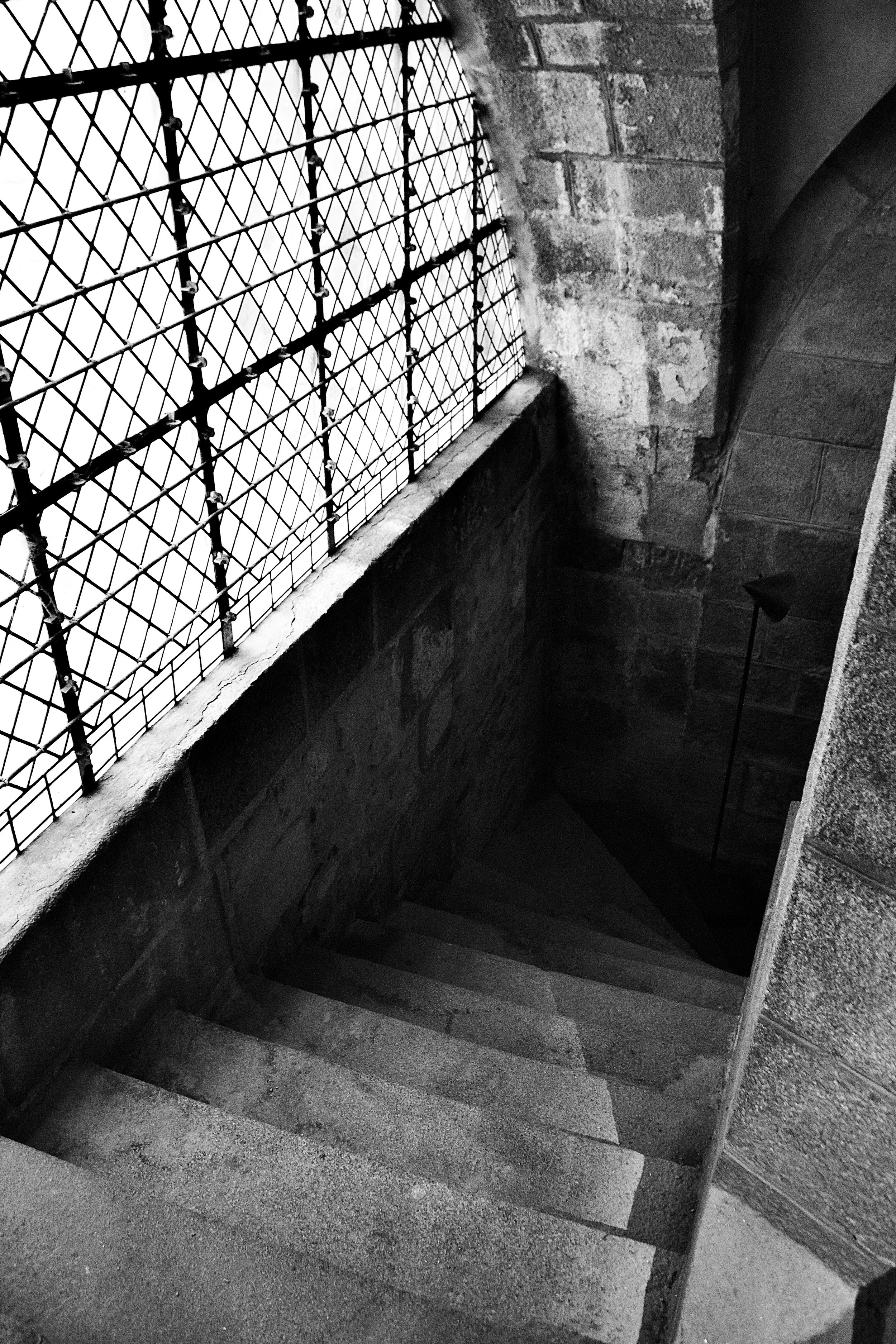 Black and white photo showing a stone staircase descending into darkness, with a window protected by metal bars on the opposite wall.