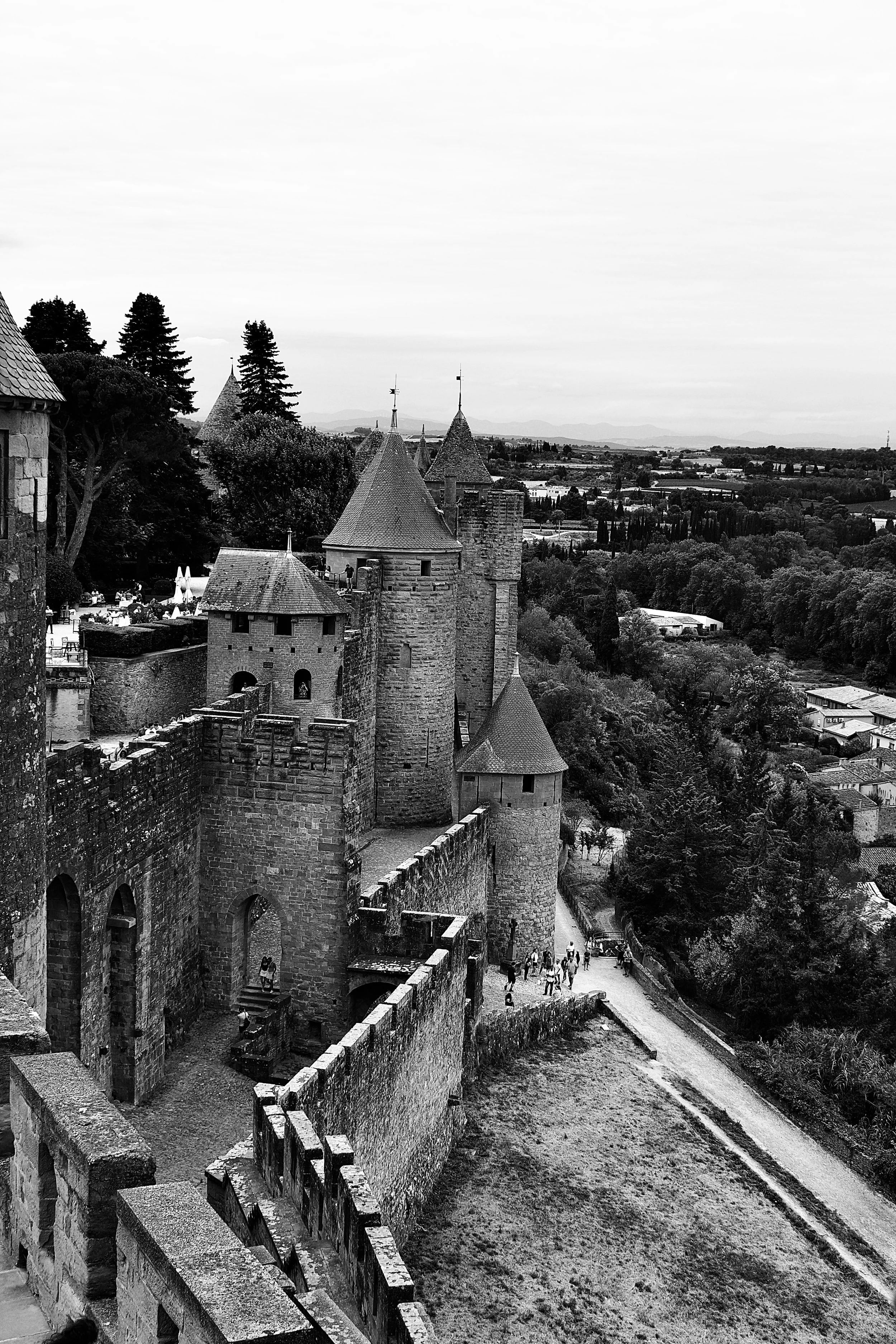 A black and white photo of a medieval castle with tall stone towers and walls, overlooking a lush landscape with trees and distant mountains.