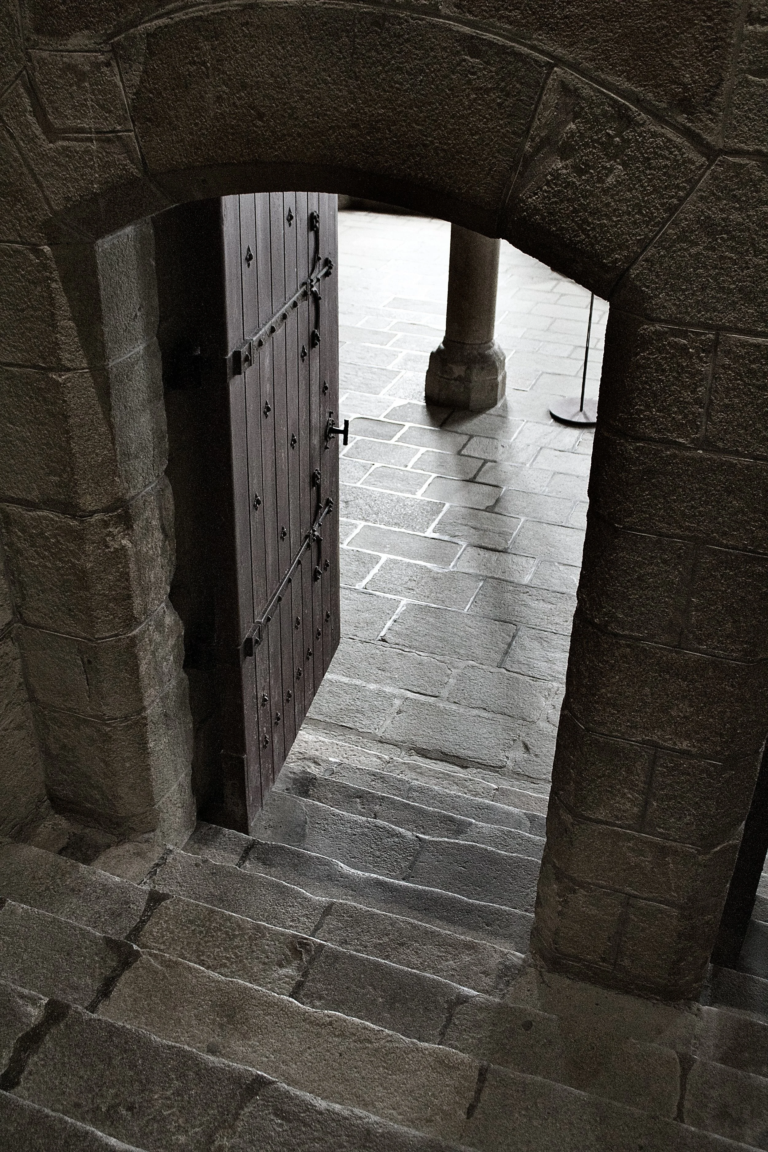 Stone staircase descending through an arched stone doorway, with a partially open wooden door and a stone pillar in the background.