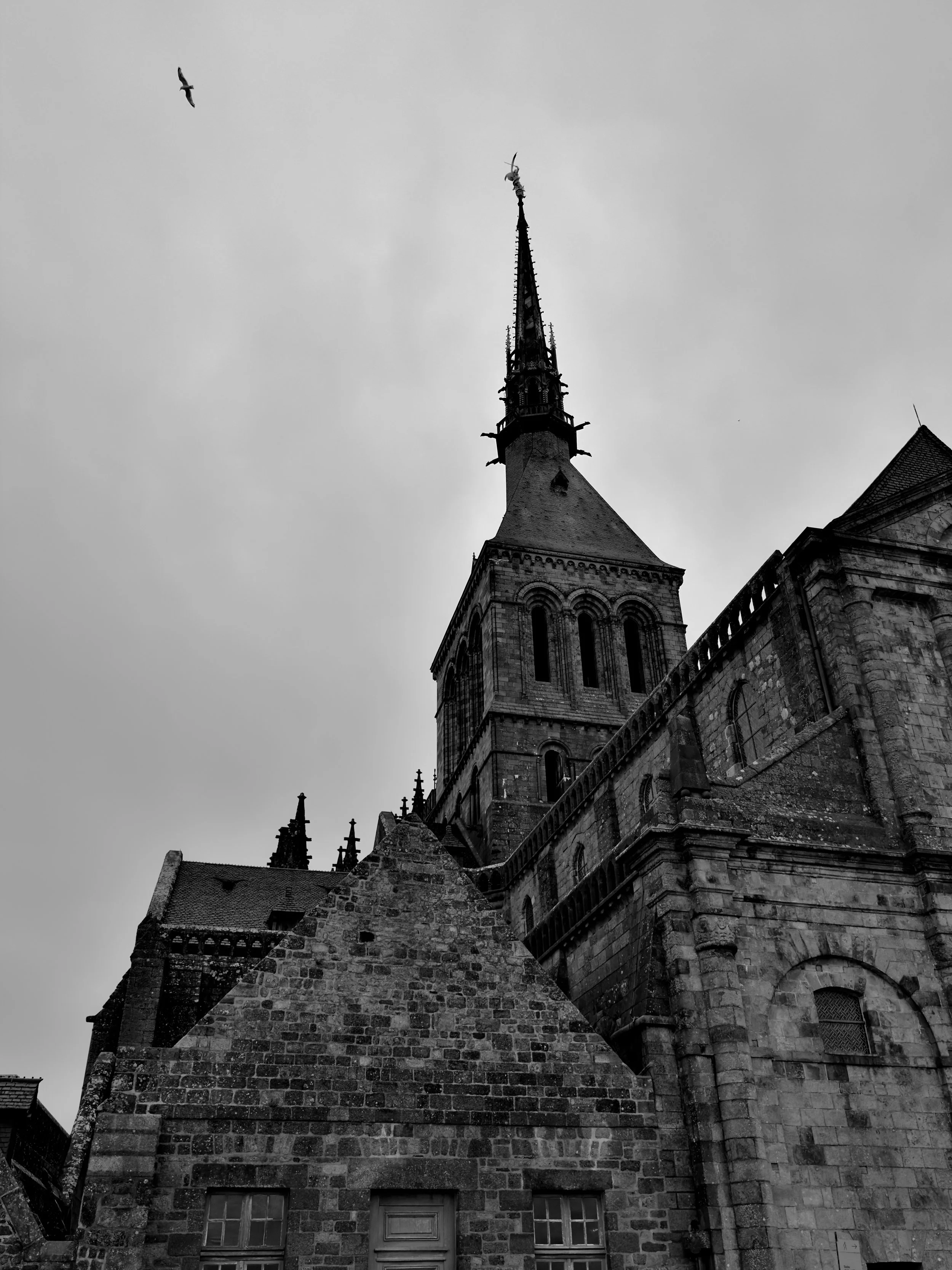 Black and white photo of a tall church steeple with a cross at the top, surrounded by clouds and a flying bird.