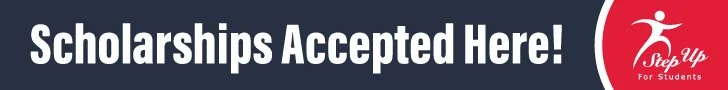 "Scholarships Accepted Here!" with the Step Up For Students logo.
