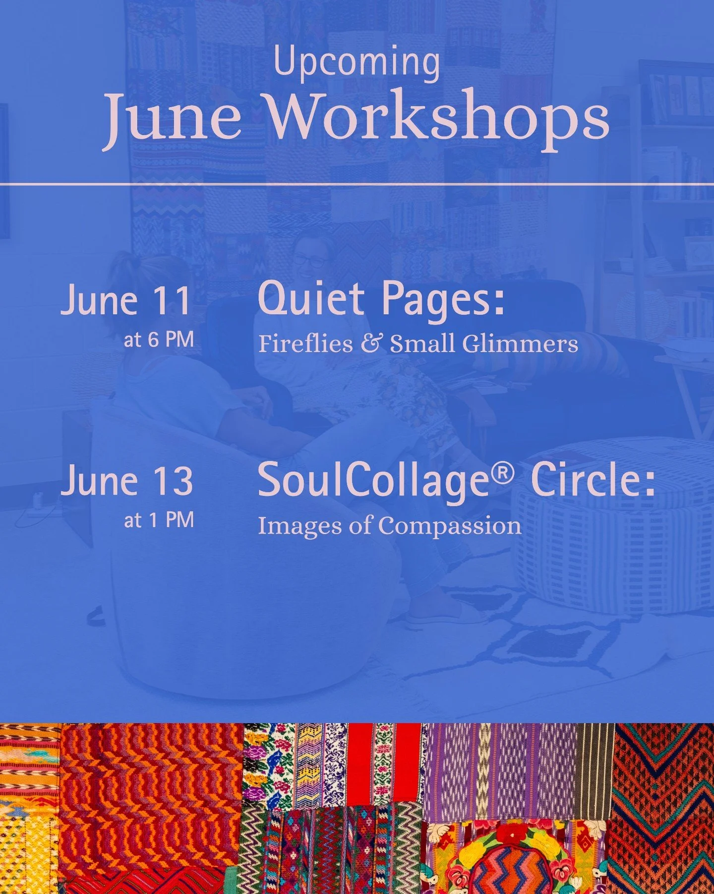 ☀️June Workshops☀️
As summer approaches, explore exciting new topics in our recurring monthly workshops:

🌀Quiet Pages: Fireflies &amp; Small Glimmers, led by @rebeccabauer, is a women's gathering for writing, reflecting, and highlighting the small 