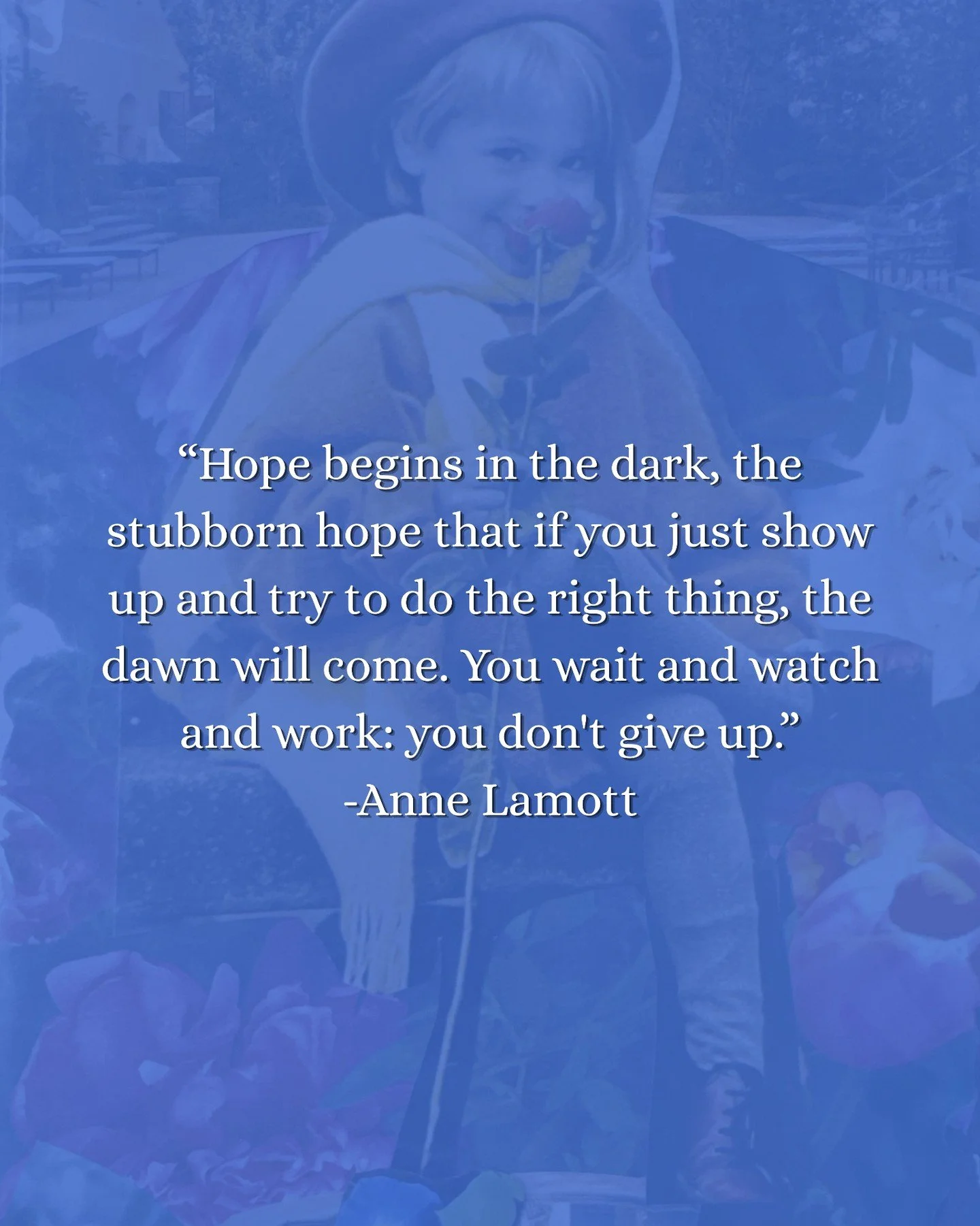 "Hope begins in the dark, the stubborn hope that if you just show up and try to do the right thing, the dawn will come. You wait and watch and work: you don't give up."
-Anne Lamott
