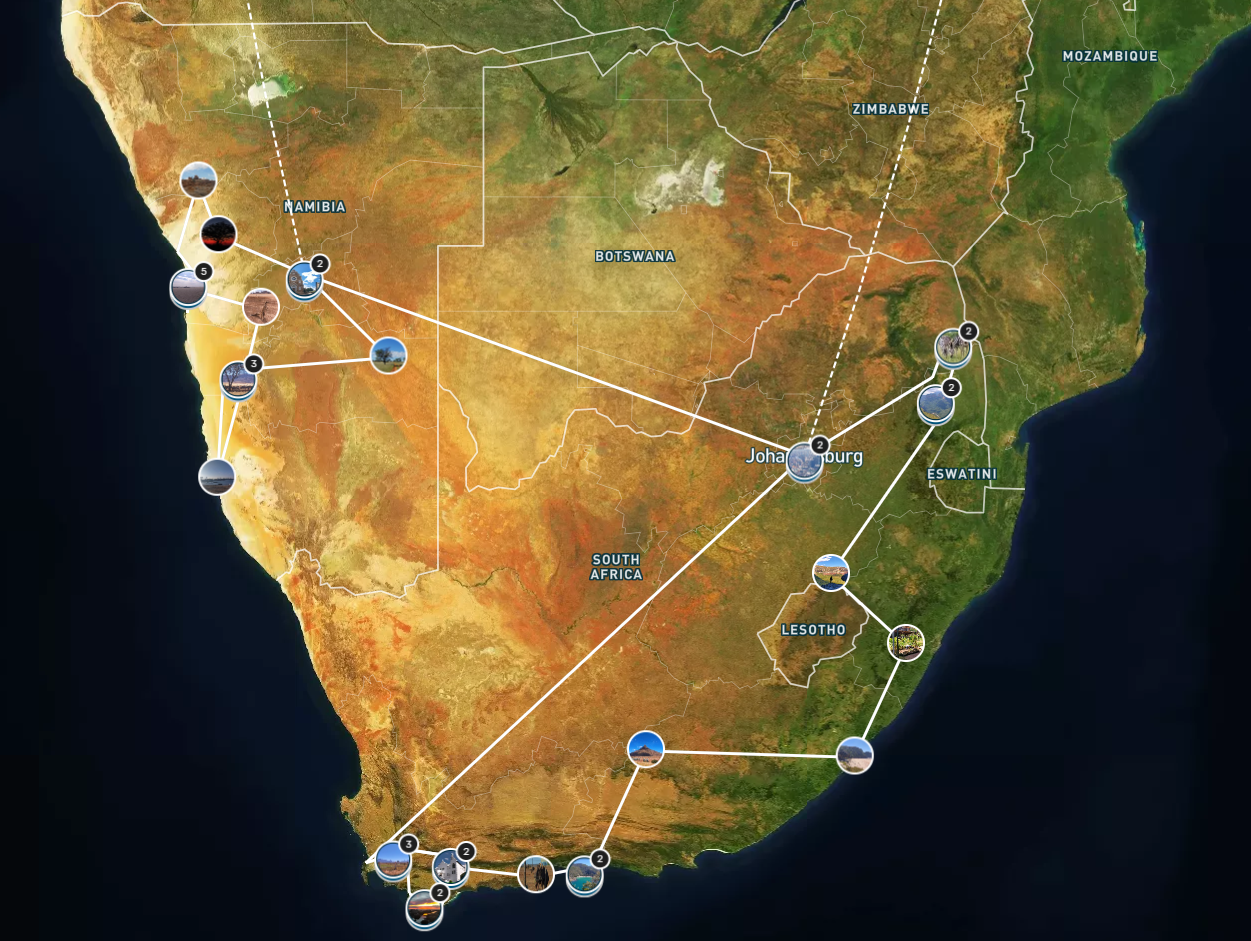 Carte numérique de l'Afrique du Sud avec des trajets et des points d'intérêt marqués, incluant des villes comme Johannesburg, le Lesotho, le Mozambique, et la Namibie.