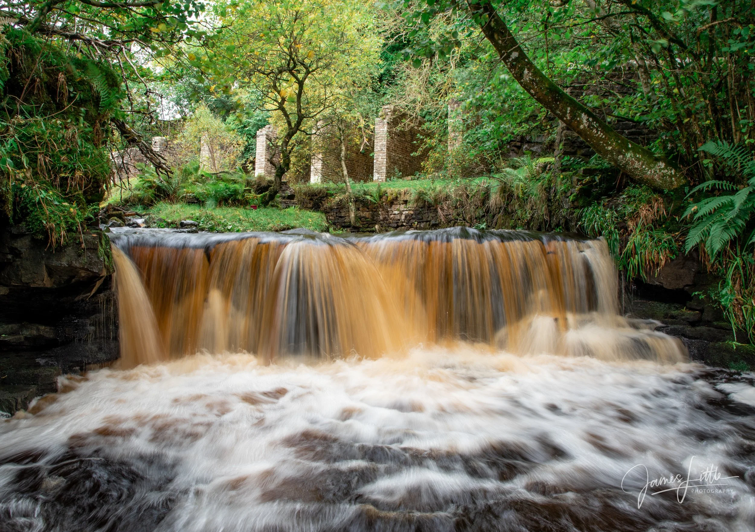 A small waterfall flowing into a river surrounded by lush green trees and foliage, with some stone ruins in the background. Slit Woods near Westgate
