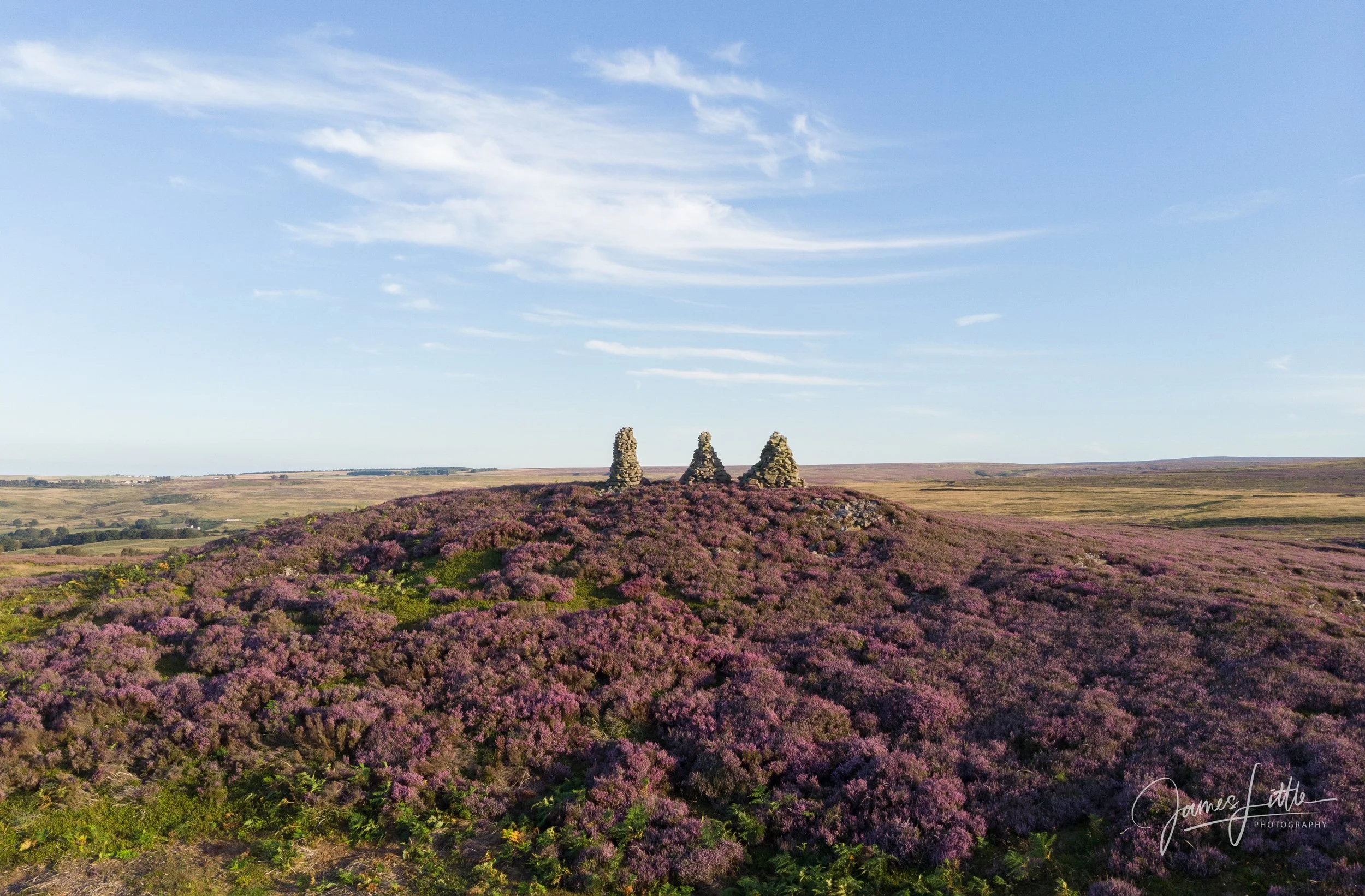 Three Stone cairns near Muggleswick with lovely purple heather