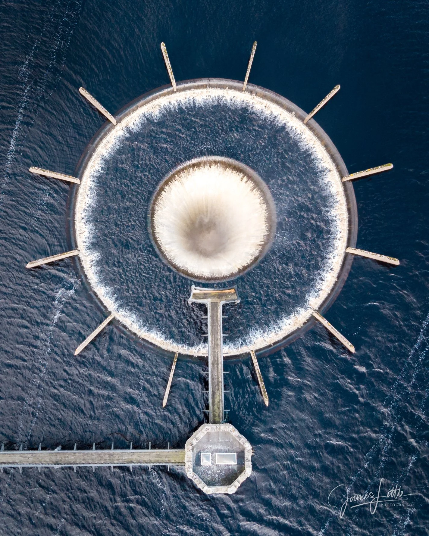 A water overflow in a local reservoir. This is Blackton reservoir near Middleton in Teesdale. The overspill look amazing from above.