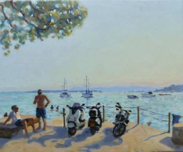 Painted scene of a beach with people, motorcycles, and sailboats on the water.