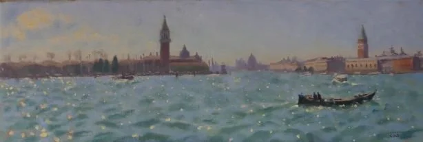 Painting of a city skyline with a river and boats in the foreground, resembling Venice with historic buildings and towers.