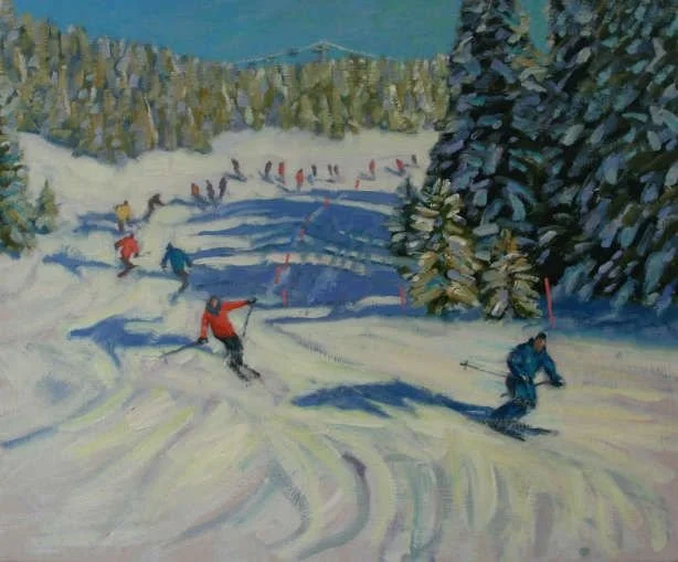 A painting of skiers descending a snowy mountain slope surrounded by snow-covered trees and a clear blue sky.