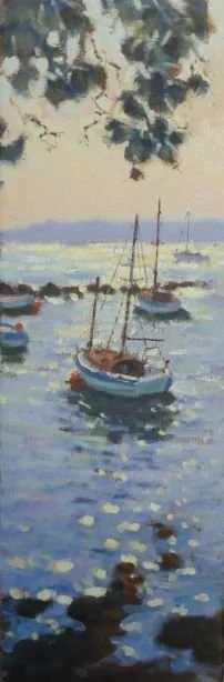 A watercolor painting of a harbor scene with boats anchored in the water and trees overhanging from the top.