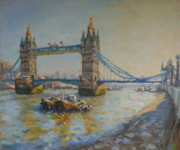 Oil painting of London Tower Bridge over the River Thames with boats in the water