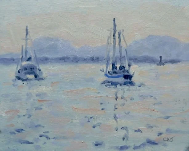 A watercolor painting of sailboats on a calm body of water with mountains in the background.