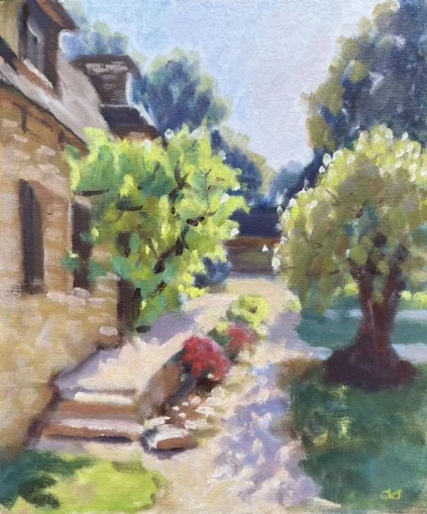 Painting of a garden pathway with trees, bushes, and a house in the background.