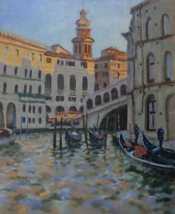 Painting of gondolas on a canal in Venice with historic buildings and a small bridge.