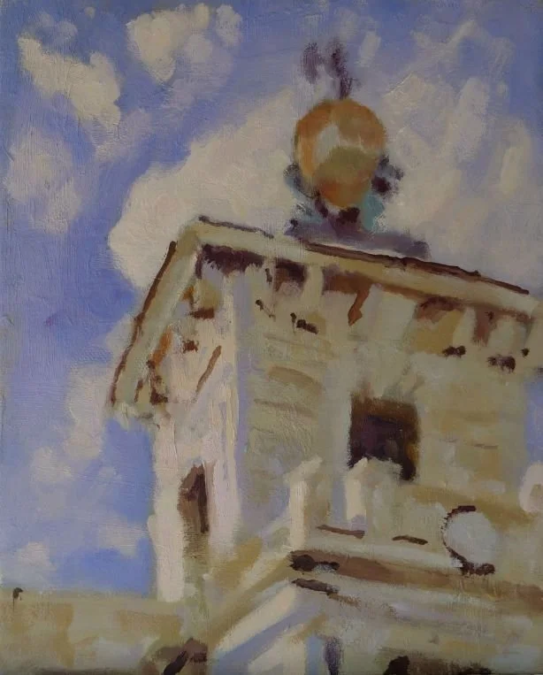 Painting of a building with a large round structure on top, under a sky with clouds.