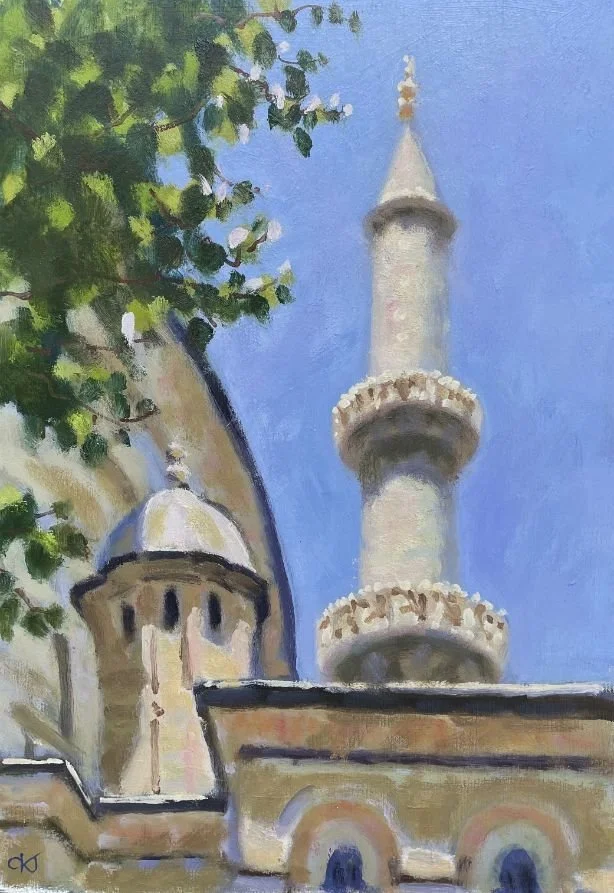 Painting of a historic building with a domed tower, a tall minaret, and a tree with green leaves against a blue sky.