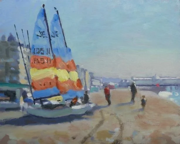 A painting of a beached sailboat with colorful sails, with people walking along the sandy shoreline near the water.