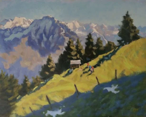 A landscape painting of a mountain scene, with snow-covered peaks in the background and a green, sloping hillside in the foreground. There are tall pine trees, a small cabin, and two figures walking along a trail.