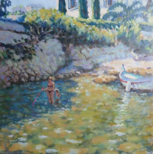 A watercolor painting of a small river or creek with a person and a dog in the water, and a white boat anchored nearby, with trees and bushes along the bank in the background.