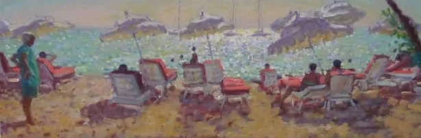 A painting of people relaxing on lounge chairs under umbrellas at the beach.