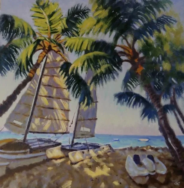 A tropical beach scene with palm trees, sailboats in the water, and a pair of white sandals on the sandy shore.