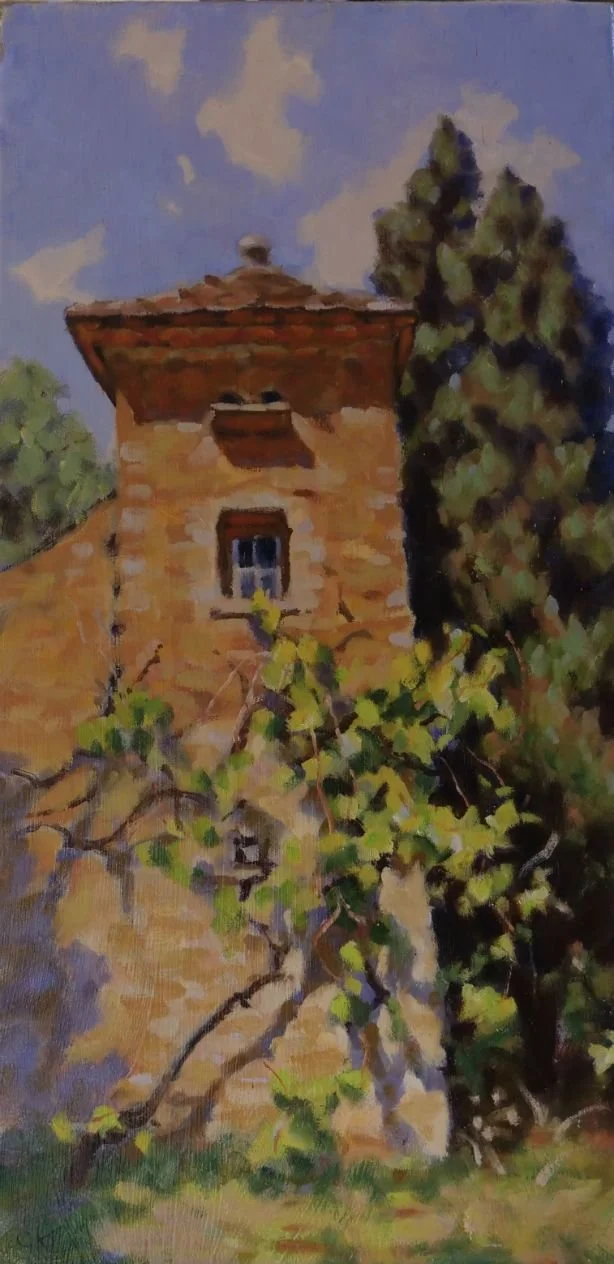 A painting of an old brick building with a small window and a red-tiled roof, surrounded by green foliage and trees under a partly cloudy sky.