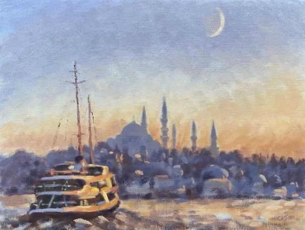 A watercolor painting of a boat on a calm river at dusk with a city skyline in the background, featuring a mosque with minarets, and a crescent moon in the sky.