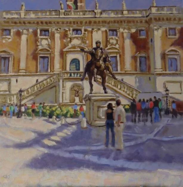A painting of a historic building with a grand staircase and an equestrian statue in front. People are gathered around the area, viewing the monument and the building.