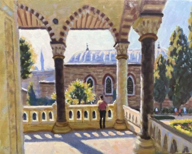 Painting of a person standing on a balcony with arches, overlooking a garden with trees, a domed building, and a clear blue sky.