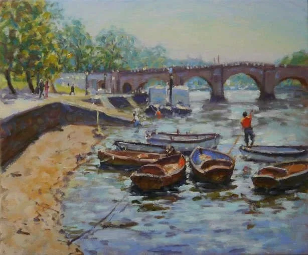 Painted scene of boats docked along a riverbank with a stone bridge in the background, trees on the left, and a person on the right rowing a boat.