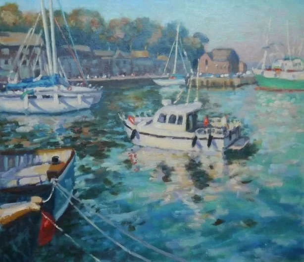 Watercolor painting of boats docked in a harbor with trees and buildings in the background.