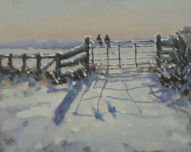 A winter landscape painting of a snow-covered gate and fence with distant figures against a pale sky.