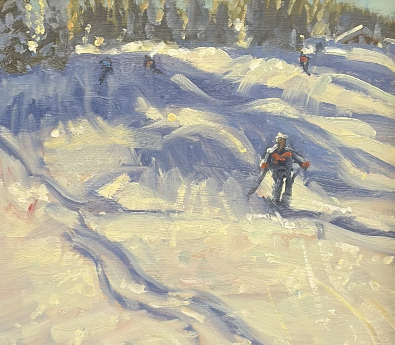 A painting of a snowy mountain landscape with five skiers in winter gear, skiing downhill. The scene is painted in an impressionistic style with bold brushstrokes and a cool color palette.