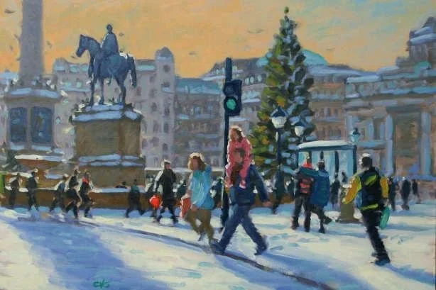 A painting of a city square with people walking on snow-covered ground, a large evergreen tree, a tram, and a statue of a person on a horse, with buildings and a partly cloudy sky in the background.