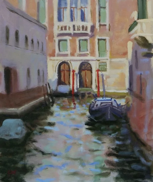 A watercolor painting of a Venetian canal with a small boat in the water, buildings on either side, and a bridge in the background.