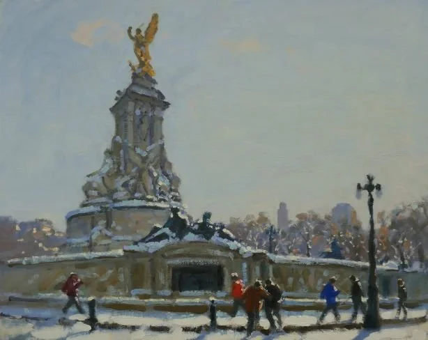 A painting of an ornate monument topped with a golden statue, with people walking in snowy weather nearby.